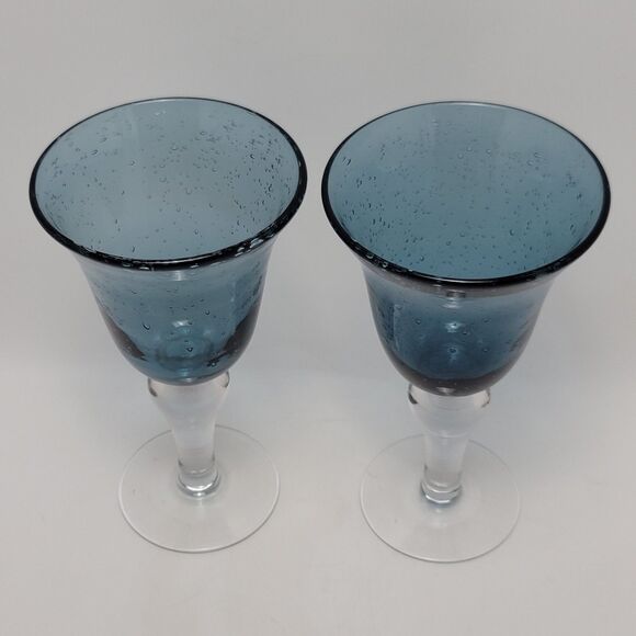 Artland Iris Seeded Cobalt Blue Hand Blown Bubbles Glasses Water Wine Goblets - Picture 2 of 8